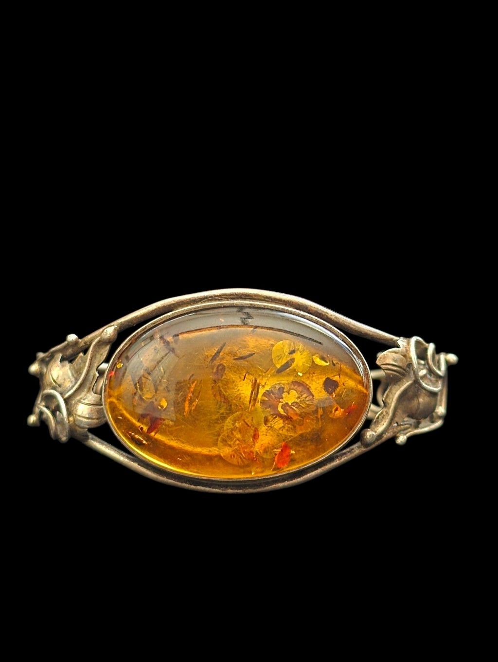 Vintage Baltic Amber Oval Cabochon Silver Bangle Bracelet - Honey Amber